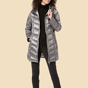 Calvin Klein Pewter Metallic Packable Down-Fill Blend Long Length Puffer Coat S